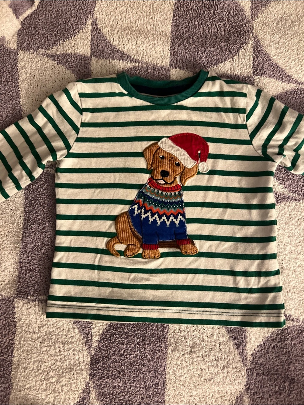 🐾 Mini Boden Green & White Striped Long-Sleeve Holiday Dog Applique Top